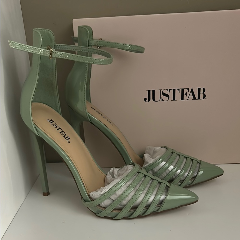 JustFab Green Stiletto Heels with Strappy Design